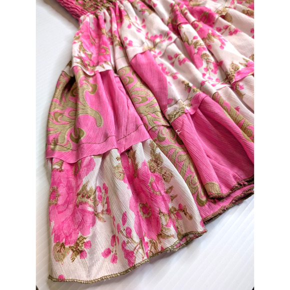 Silk Layered Ruffle Fairy Coquette Balletcore Smocked Pink Floral Skirt XS - Picture 6 of 9